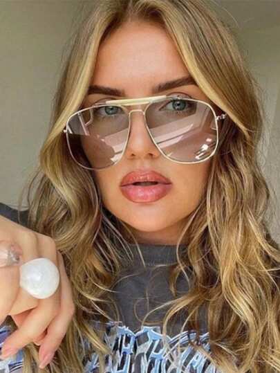 Metal Frame Pilot Fashion Glasses For Women Double Bridge Champagne Fashion Glasses Woman Luxury Square Clear Oversize Shades Beach Accessories For Women Glasses Shades Basics Fall Winter Women Outfits Clothes Business Casual Gifts For Summer Beach Vacation,Outdoor,Travel