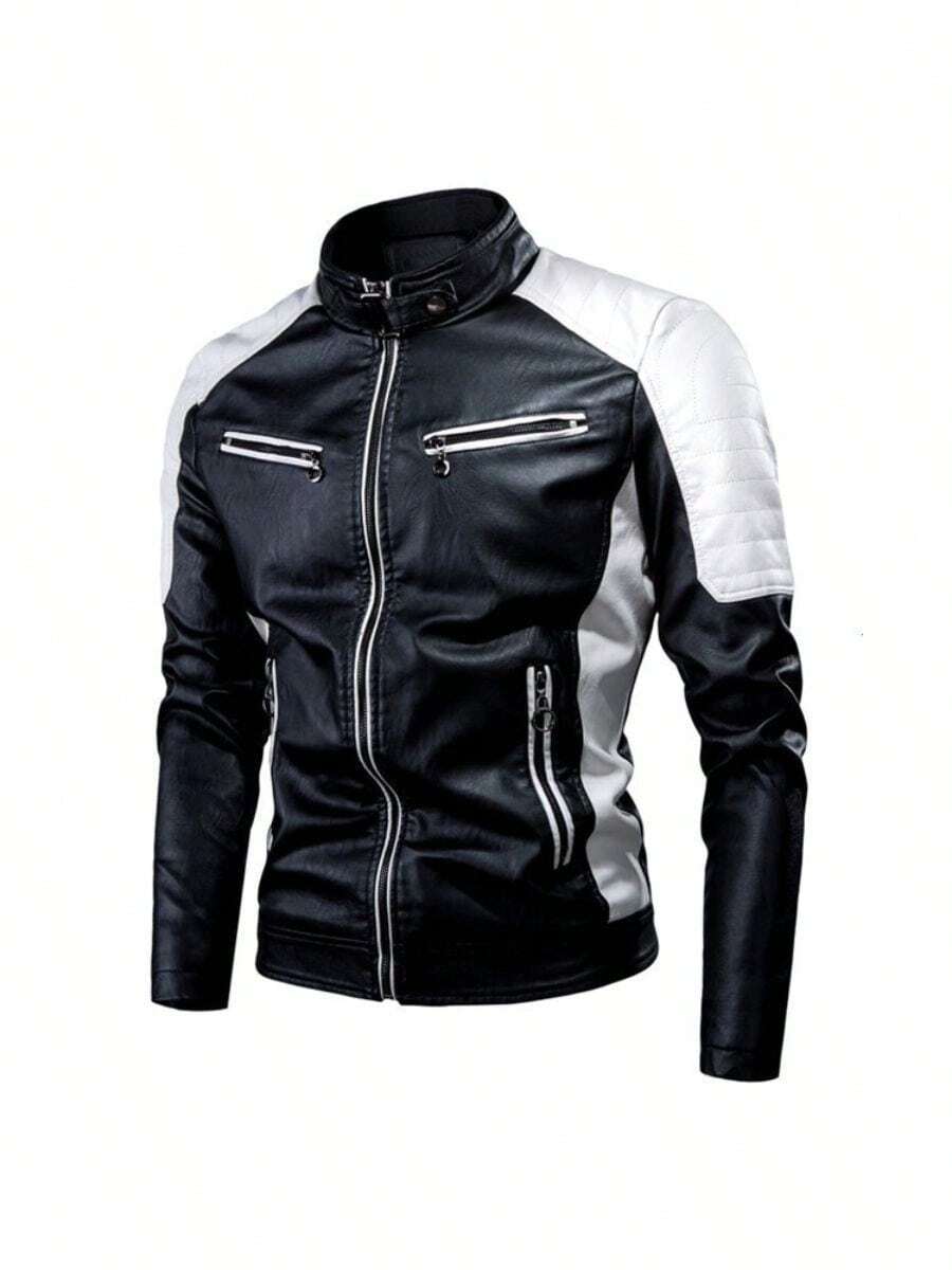 Otoño e invierno Cuello alto cremallera chaqueta de motorista de los hombres material de la PU, multi-bolsillos, Moda Urbana - Negro - Ver 1