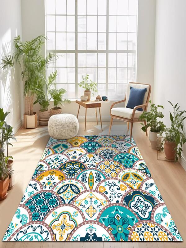 1 tapis de cuisine / d'extérieur invités dans le jardin en velours cristal polyester de couleurs multiples, style européen moderne, motif minimaliste bohémien en demi-cercle, dos noir, tapis de sol ultra-fin et durable, résistant à la saleté, convient pour la chambre à coucher, le hall, la buanderie, l'entrée, la salle de bain, le paillasson, les sports de plein air, peut être lavé à la main ou en machine, tapis décoratif