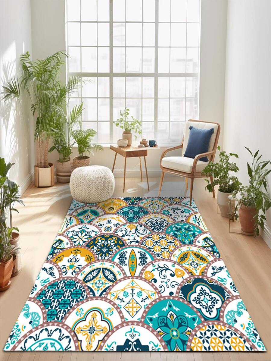 1 Mehrfarbiger Polyester Crystal Velvet Teppich für Küche, Gästezimmer, Garten und Outdoor Bereich, moderner europäischer Stil halbkreisförmiges Bohemian minimalistisches Muster, schwarz auf der Rückseite, ultradünn und strapazierfähig, schmutzabweisender Bodenbelag, geeignet für Schlafzimmer, Flur, Waschküche, Eingangsbereich, Badezimmer, Türmatte, Outdoor-Sport, dekorativer Teppich, kann von Hand oder in der Waschmaschine gewaschen werden.