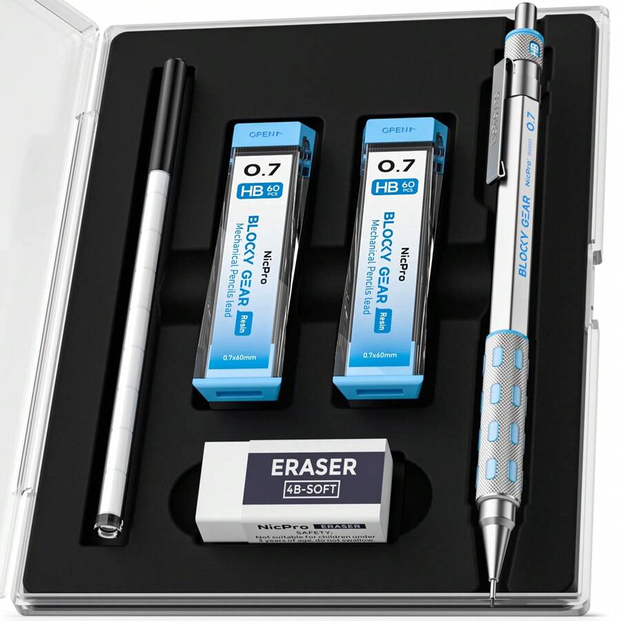 Nicpro Graph Gear 0.7 Mm Mechanical Pencils Set In Case, Metal Pencil With Lead Refills, Eraser For Professional & Adult Art Writing Drafting Drawing - Blue (0.7 mm) - View 1