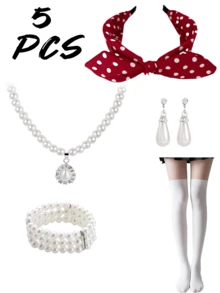 5入組女士1950年代化裝派對復古蝴蝶結波點頭帶、珍珠項鍊、耳環、手鐲及白色絲襪組合 - 彩色 - 查看 1