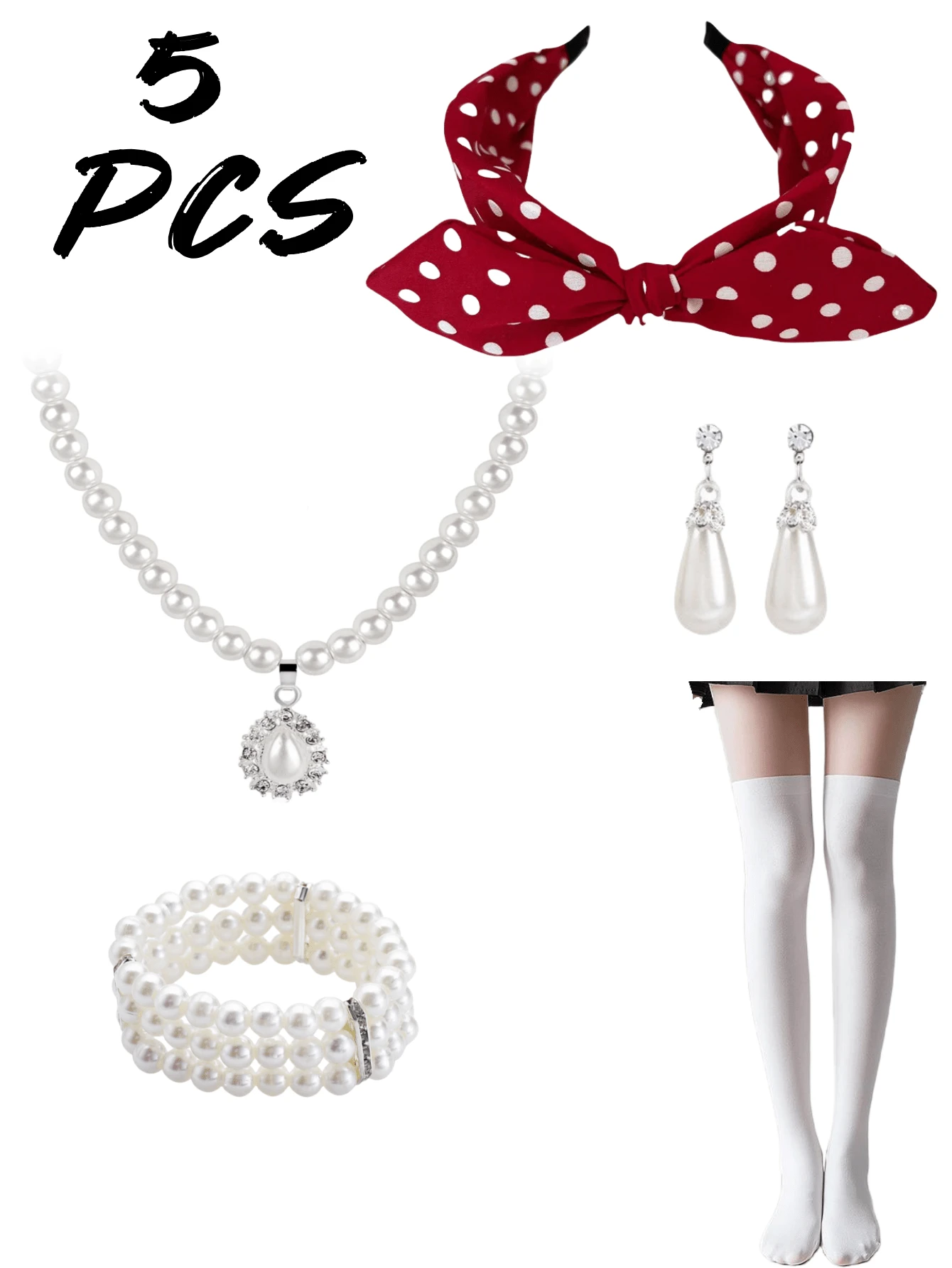 5入組女士1950年代化裝派對復古蝴蝶結波點頭帶、珍珠項鍊、耳環、手鐲及白色絲襪組合 - 彩色 - 查看 1