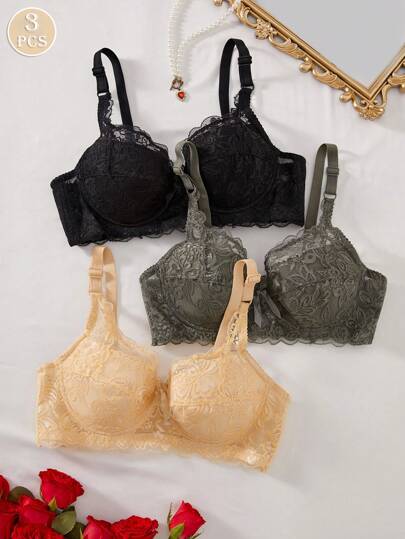 3PCS Lady's Comfortable Sexy Lace Underwire Soft Cup Solid Underwear Bra, Lingerie