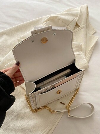 Mini Fashion Tweed Crossbody Bag, Women's Chain Shoulder Bag, Retro Plaid Pattern Square Purse