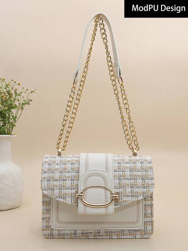 Mini Fashion Tweed Crossbody Bag, Women's Chain Shoulder Bag, Retro Plaid Pattern Square Purse