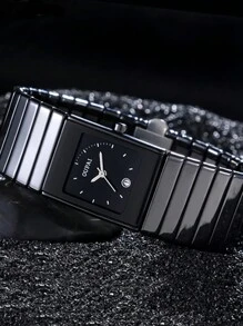 OUPAI 1 件男式矩形黑色陶瓷表带夜光表盘细 24 毫米宽表带日常防水商务手表 - 黑色 - 查看 3