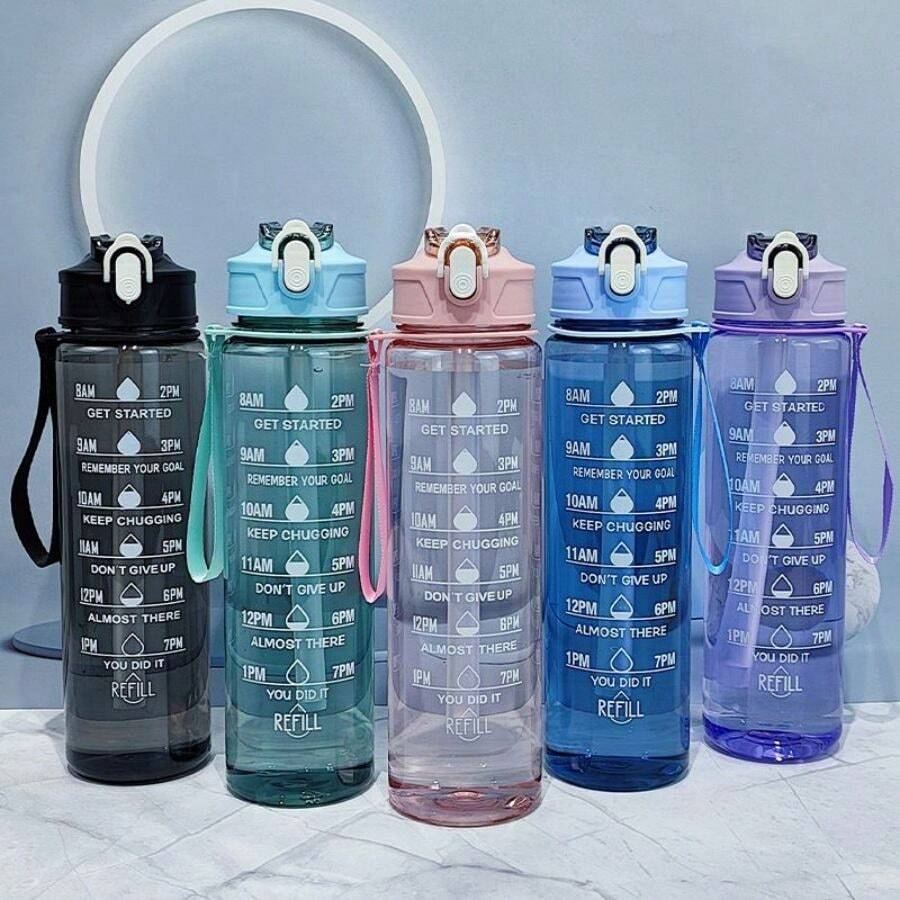 1入組750ml大容量防漏助推式水瓶，時刻提醒飲水量，可攜式環保運動健身吸管杯，適用於家庭和旅行戶外使用 - 彩色 - 查看 1