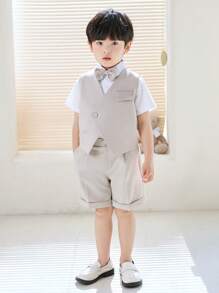 Conjunto formal para joven con chaleco, pantalones cortos, camisa de manga corta y corbata de moño, verano (3 piezas)