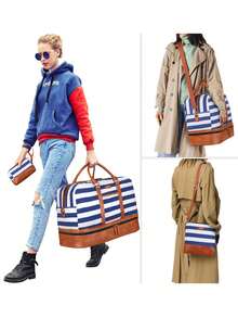 女士周末旅行包，大号旅行袋帆布旅行行李袋手提包带鞋隔层 21 英寸，男女皆宜 返校旅行健身包露营巡航必备品徒步旅行返校夏季 - 藍白色 - 查看 8