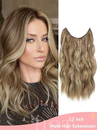 Halo髮延長器12英寸隱形漁線髮延長器可調長波浪髮延長器合成夾片式髮件-淺灰褐色帶金色亮點