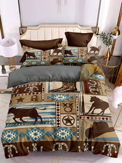 طقم غطاء لحاف مكون من 3 قطع مطبوعة بعناصر غربية متعددة الألوان، أغطية الفراش، ديكور غرفة النوم، لجميع المواسم