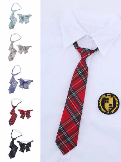 1pc Tie & Bow Tie Combo For Women, Korean/Japanese Campus Style, No Tie Required, Plaid Bowknot Collar Flower, Suitable For Parties & Daily Use, Back To School Accessories Women