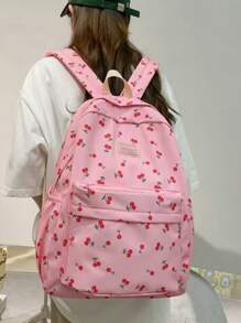 Mochila suave con diseño de cereza al estilo coreano para chicas, mochila casual de gran capacidad para estudiantes - Rosa - Ver 5