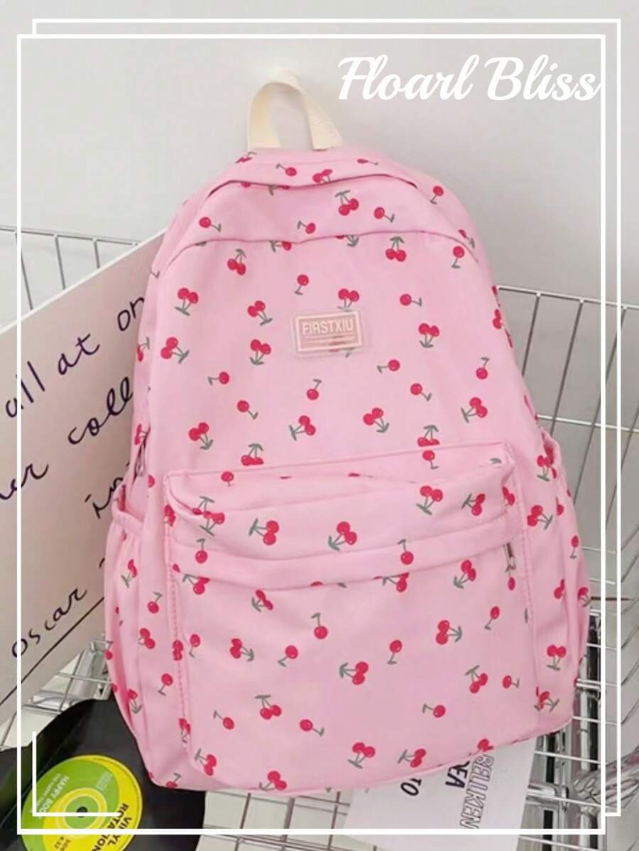 Mochila suave con diseño de cereza al estilo coreano para chicas, mochila casual de gran capacidad para estudiantes - Rosa - Ver 1