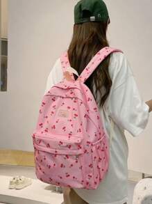 Mochila suave con diseño de cereza al estilo coreano para chicas, mochila casual de gran capacidad para estudiantes - Rosa - Ver 6