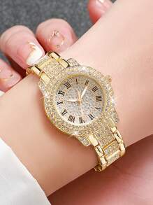 女士钢表带时尚手表和石英手链套装，采用全嵌入式水钻罗马表盘（2 件/套），作为返校学生的礼物