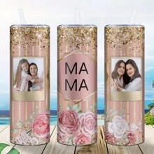 1pc, Custom Photo 20oz Skinny Tumbler, Stainless Steel Water Bottle With Plastic Lid And Straw, Summer Winter Drinkware,Mother's Day Gift