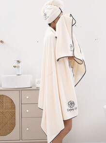 White Embroidered Large Bath Towel and Shower Cap 2-piece Set