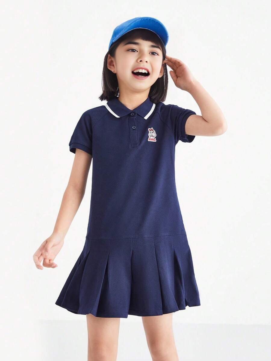 Annil Girls Summer Leisure Sports Style Polo Polo Polo Collar Short Sleeve Dress - Royal Blue - View 1