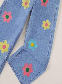 Conjunto de verano para niña con top de chaleco de unicolor casual y pantalones con estampado de flores efecto denim