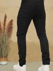 Modas Bolso Simples Calça Jeans Masculina Preta Slim Com Lycra Rasgadas Alta Qualidade - Preto - Visão 5