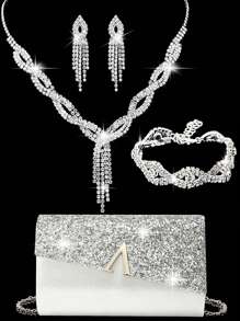 LETODE 4 Pieces Rhinestone Jewelry Set Bling Necklace Earrings Bracelets Set For Women Evening Clutch Bag Bridal Wedding Sparkling Glitter Elegant Envelope Bag Purse For Women Prom With Detachable Metal Chain For Wedding And Party Shoulder Bag For Women Clutch Purses For Ladies Bag Women's Handheld Evening Bag Versatile Glitter Handheld Bag Cocktail Party Wedding New Wallet Banquet Bag