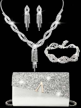 LETODE 4 Pieces Rhinestone Jewelry Set Bling Necklace Earrings Bracelets Set For Women Evening Clutch Bag Bridal Wedding Sparkling Glitter Elegant Envelope Bag Purse For Women Prom With Detachable Metal Chain For Wedding And Party Shoulder Bag For Women Clutch Purses For Ladies Bag Women's Handheld Evening Bag Versatile Glitter Handheld Bag Cocktail Party Wedding New Wallet Banquet Bag