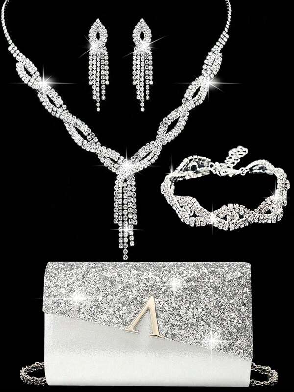 Juego de joyería de 4 piezas de LETODE con rhinestones, incluye collar, pendientes, pulsera - ideal para eventos, bodas y fiestas. Incluye también un bolso de embrague elegante con destellos, con cadena de metal desmontable para llevar como bolso de hombro o de mano.