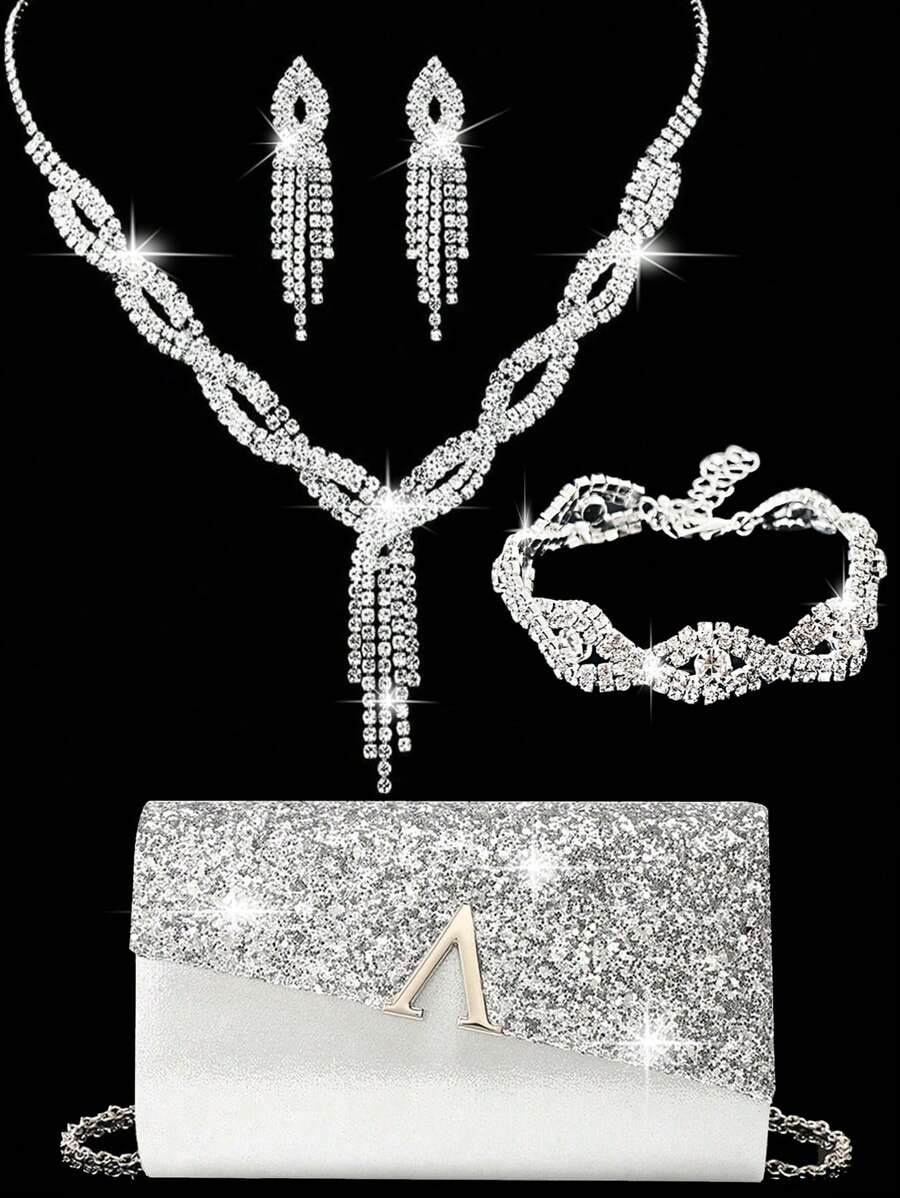 LETODE 4 Pieces Rhinestone Jewelry Set Bling Necklace Earrings Bracelets Set For Women Evening Clutch Bag Bridal Wedding Sparkling Glitter Elegant Envelope Bag Purse For Women Prom With Detachable Metal Chain For Wedding And Party Shoulder Bag For Women Clutch Purses For Ladies Bag Women's Handheld Evening Bag Versatile Glitter Handheld Bag Cocktail Party Wedding New Wallet Banquet Bag
