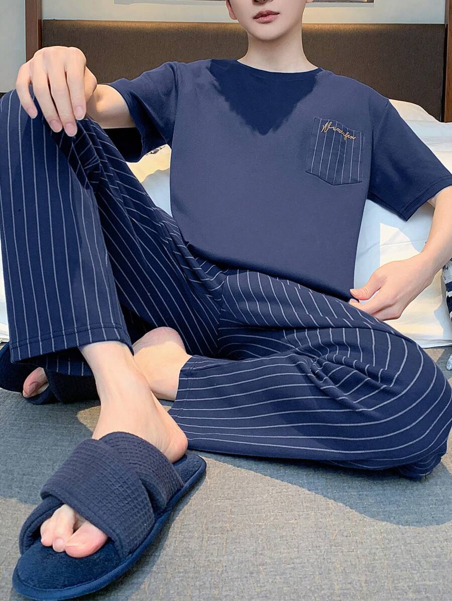 男士短袖上衣+长裤睡衣套装,圆领透气吸汗家居服套装,适合春夏秋冬穿着 - 藏蓝色 - 查看 1