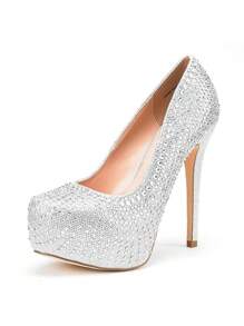 Women Stiletto High Heel Plaform Shine Pumps Elegant Solid Color Gold Dress Shoes For Party Prom Simple Style - Đá bạc - Xem 3