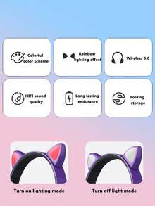 Cute Cat Ears Light Up Headband Wireless 5.0 Foldable Wireless Headset-Purple - Purple - View 6