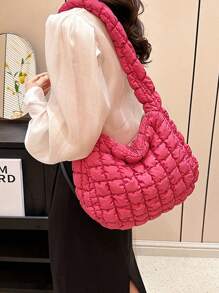 Women Quilted Padding Shoulder Bag Puffy Bubble Hobo Pleated Purse Hoho Bag Tote Bag - Màu Hoa hồng đỏ - Xem 2