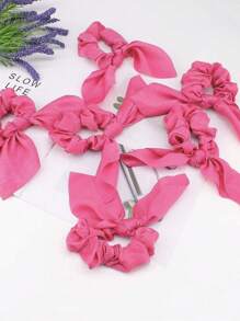 6 件装发带真丝发圈 带蝴蝶结女孩发饰 兔耳朵和尾巴女孩发饰 - 玫紅色 - 查看 5