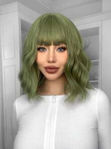 Zielone krótkie falowane peruki z grzywką 14-calowe peruki damskie syntetyczne peruki odporne na ciepło modne peruki damskie codzienne używane włosy przyjazne dla początkujących, odpowiednie na różne okazje, w tym imprezy, wakacje, na festiwale, do cosplayu. - Zielony - Zobacz 1