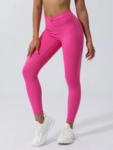 Sodalemon 女式運動緊身褲，高腰扭結無縫前片，瑜珈褲 - 玫紅色 - 查看 4