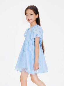 Annil Tween Girl Dress Summer Cute Bow Back Decoration Round Neck Polka Dots Puff Sleeves Dresses Blue - Blue - View 4