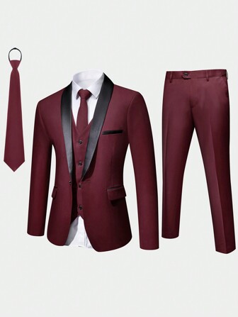 CLOUDSTYLE Men's Spring/Autumn Contrast Shawl Collar Long Sleeve Suit Jacket, Suit Vest, And Suit Pants Set For Daily Commute