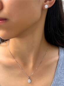 1 Set Gorgeous 5A Round Cubic Zirconia 925 Sterling Silver Engagement Bridal Wedding Party Flower Pendant Necklace And Earrings Jewelry Set For Women Valentines - White - View 8