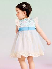 mini bala Đầm bé gái dễ thương tay áo bay lưới vành tai  Hanfu - Màu xanh lam - Xem 2