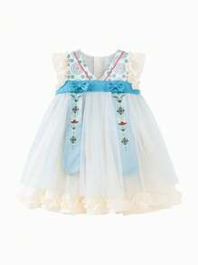 mini bala Đầm bé gái dễ thương tay áo bay lưới vành tai  Hanfu - Màu xanh lam - Xem 4