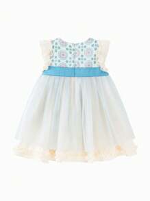 mini bala Đầm bé gái dễ thương tay áo bay lưới vành tai  Hanfu - Màu xanh lam - Xem 5