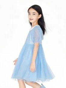 Annil Đầm voan ngắn tay cổ bẻ mùa hè cho bé gái - Màu xanh lam - Xem 3