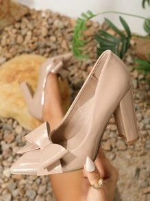 Giày Cao Gót Mũi Nhọn Màu Da Nữ Với Gót Chunky, Thiết Kế Nơ, Gợi Cảm Và Thanh Lịch, Phong Cách Tối Giản Cho Trang Phục Hẹn Hò - Màu be - Xem 1