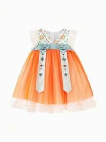 mini bala 女童连衣裙宝宝甜美小飞袖耳边网纱民族风汉服连衣裙