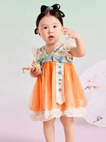 mini bala 女童连衣裙宝宝甜美小飞袖耳边网纱民族风汉服连衣裙