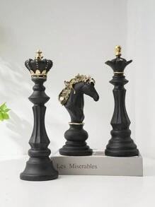 黑色鋁製國際象棋雕塑，包含騎士、皇后和國王三件套 - 彩色 - 查看 3