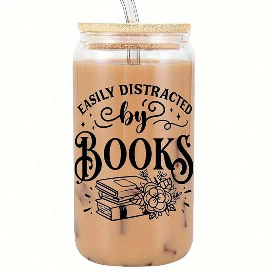 1 conjunto, Copo de vidro com tampa e canudo de 16 oz, Presentes para amantes de livros - Marcadores de livro para clube de leitura, presentes para bibliotecários, presentes para amigos, mulheres, leitores, professores, amantes de livros - Multicolorido - Visão 1
