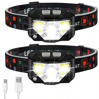 Headlamp Flashlight, Super Lightweight & Bright LED Mini USB Rechargeable Headlamp, With White & Red Light, 1 Piece Waterproof Sports Sensor Headlamp, 6 Modes Suitable For Outdoor Camping, Running, Hiking, Fishing, Strong Light Sensor Headlamp, COB Red Light Headlamp For Night Running, Night Fishing, Waterproof